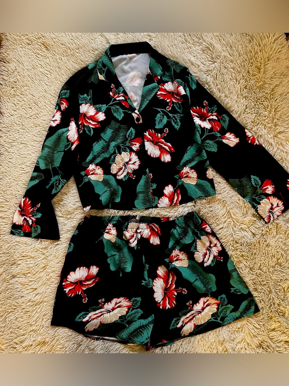 Tropical Floral Two-Piece Set - Black with Red & Green Print